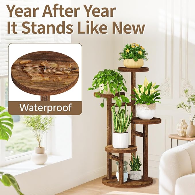 LASZOLA Black 4 Tiered Wooden Plant Stand Indoor with Heavy Duty Planter, Large Multiple Level Vertical Flower Rack for Narrow Corner, Sturdy Rustic Shelving Organizer Holder for Modern House Bathroom