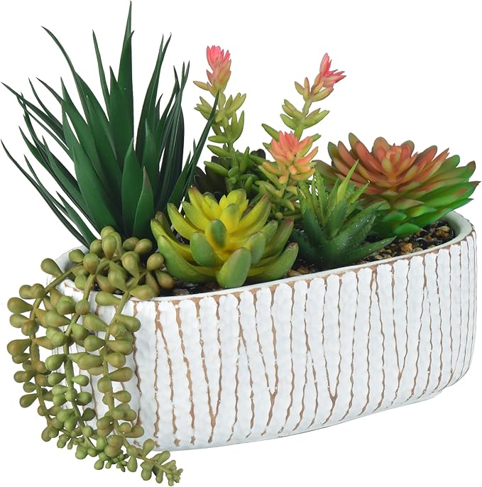 Fake House Plants Artificial - 8.7" Assorted Faux Succulents in Pots for Office Desk Decor and Bathroom Plants Decor - Small Shelf Decor and Cute Fake Plants for Room Kitchen
