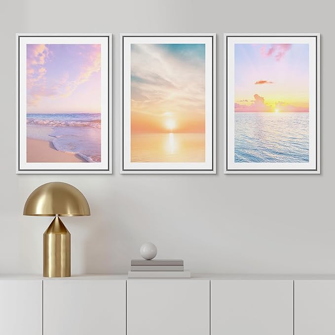 Ashbrook Framed Wall Art Print Set Pastel Dawn Sunset Ocean Beach Wave Landscape Nature Wilderness Photography Modern Art Scenic Colorful Chic for Living Room, Bedroom, Office - 24"x36"x3 White