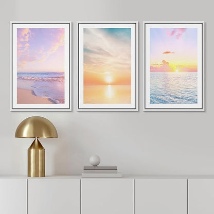 Ashbrook Framed Wall Art Print Set Pastel Dawn Sunset Ocean Beach Wave Landscape Nature Wilderness Photography Modern Art Scenic Colorful Chic for Living Room, Bedroom, Office - 24"x36"x3 White