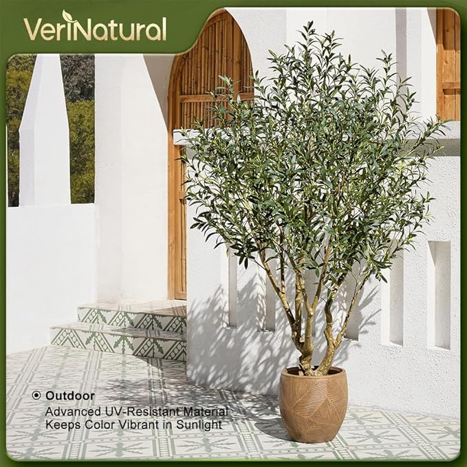 Olive Tree Artificial Indoor 7ft - UV Resistant Large Fake Plants - Realistic Faux Olive Tree in Pot - Tall Artificial Plants Outdoor for Home, Patio, Living Room, Office Decor,VN138