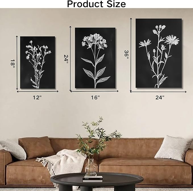 sawjug Black And White Botanical Canvas Wall Art,Minimalist Wildflower Wall Decor,Vintage Botanical Floral Wall Painting for Living Room, Bedroom,Office (12" x 18" x 3 pcs)