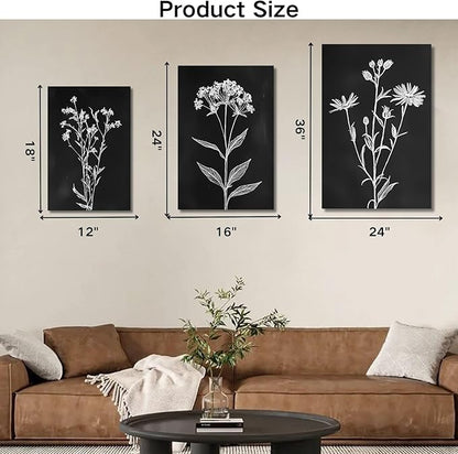 sawjug Black And White Botanical Canvas Wall Art,Minimalist Wildflower Wall Decor,Vintage Botanical Floral Wall Painting for Living Room, Bedroom,Office (12" x 18" x 3 pcs)