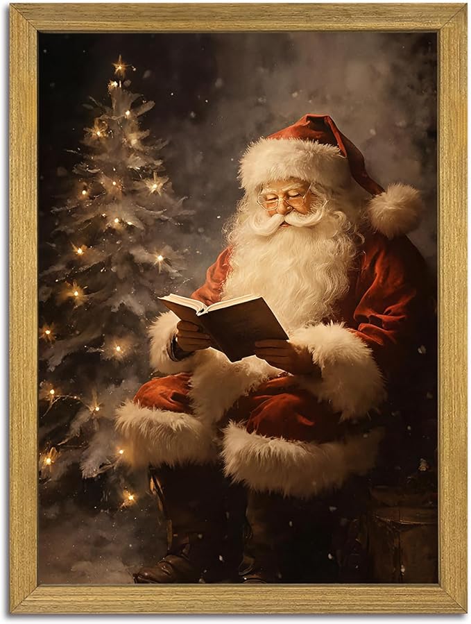Wood Framed Vintage Santa Claus Wall Art, Classic Christmas Canvas Oil Painting, Rustic Holiday Winter Home Wall Decor Picture, Christmas Gift for Living Room Bedroom Kids Room 8x10 Inch