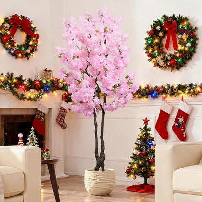 Faux Cherry Blossoms Tree Pink 6FT Artificial Cherry Blossom Tree Beautiful Flowering Trees for Home Christmas New Year Decor