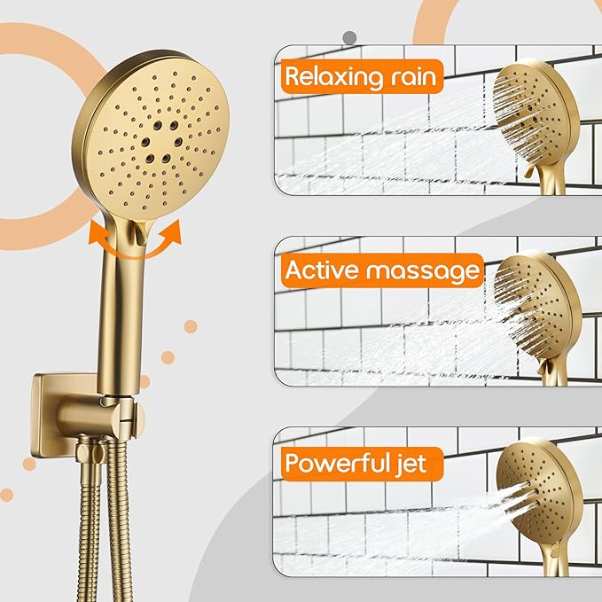 Bathroom Shower Trim Kit with 10'' High Pressure Rain Shower Head, 3-Function Handheld Spray and Valve Included, Wall Mounted Gold Finish SF001GD-D10