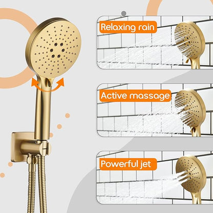 Bathroom Shower Trim Kit with 10'' High Pressure Rain Shower Head, 3-Function Handheld Spray and Valve Included, Wall Mounted Gold Finish SF001GD-D10