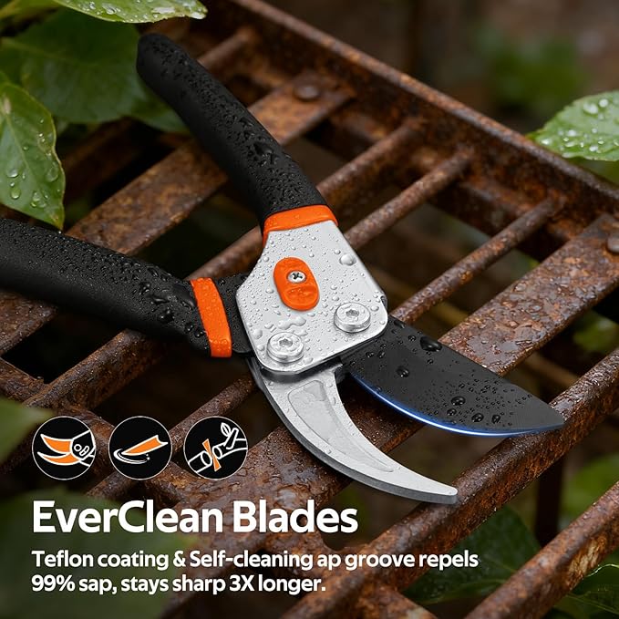 Effortless Pruning Shears: Professional 8.5”Garden Pruner with Jam-Proof Spring & Ever-Sharp SK5 Blade, Ergonomic Bypass Clippers for Rose, Tree Trimming & weak Hand, Heavy Duty Pruning Scissor