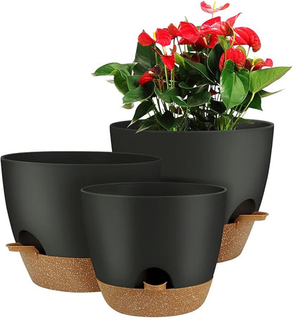 UUBEMM Self Watering Planters with Drainage Holes, Set of 3 Plastic Plant Pots with Deep Reservoir for Indoor Outdoor Garden Flowers Plants,10+9+8 Inch (Black)
