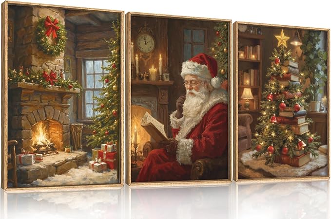 Large Vintage Christmas Framed Canvas Wall Art Set,Santa Reading Book Wall Decor,Retro Xmas Tree Art Prints,Snowy Winter Fireplace Artwork for Living Room,Bedroom,Farmhouse -16"x24"x3