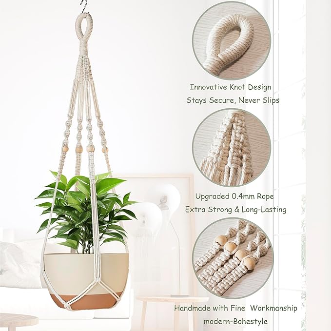 35 Inch Macrame Plant Hanger Indoor Outdoor Fits 4 to 15 inch pots Hanging Planter Basket with Wood Beads and No Tassels,Boho Home Decor,Ivory,Set of 3 (Pots Not Included)
