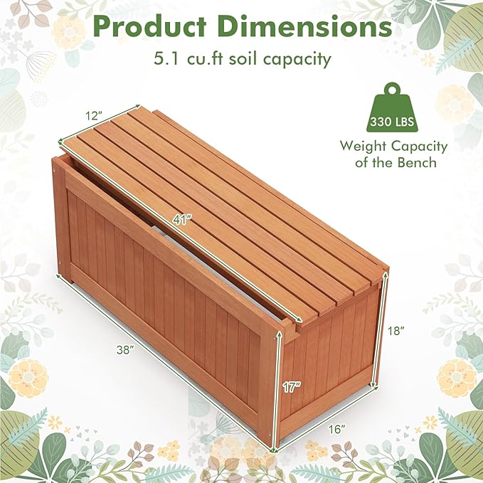 2 Pack Outdoor Planter Benches, 45 Gallon Outdoor Bench Wooden Raised Garden Bed with Planter Box, 2-in-1 Wood Planter Bench Deck Plant Box for Porch, Patio, Garden & Backyard
