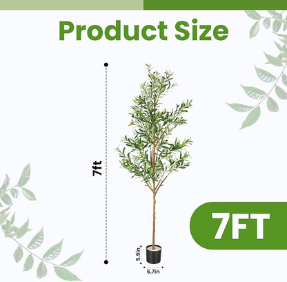 Olive Artificial Trees, 7FT Tall Faux Olive Tree for Indoor and Outdoor, Artificial Plants with Basic Planter, Lifelike Fruits and Realistic Wood Trunk for Home Office Decor