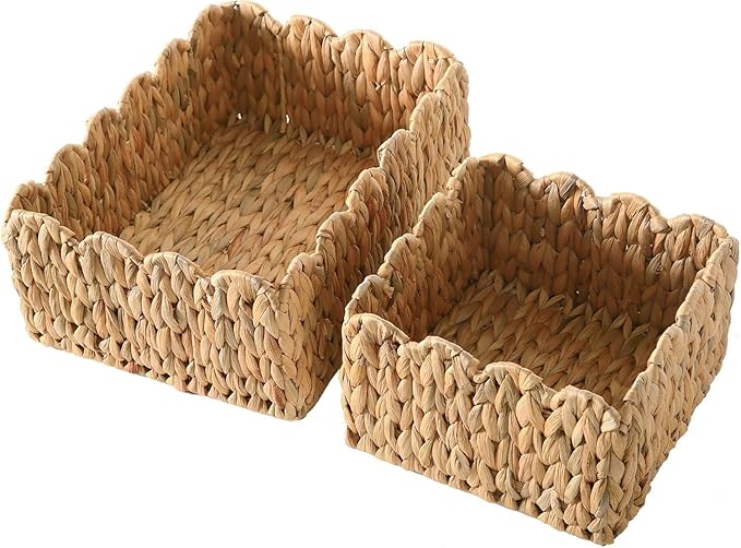 Scalloped Basket, Wicker Storage Baskets, Hand Woven Baskets for Shelves,Natural Baskets for Organizing (Water Hyacinth(S+M))
