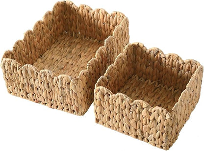Scalloped Basket, Wicker Storage Baskets, Hand Woven Baskets for Shelves,Natural Baskets for Organizing (Water Hyacinth(S+M))
