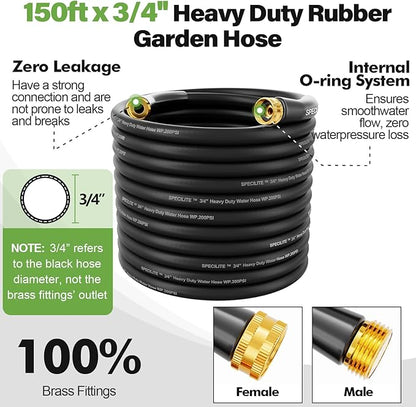 SPECILITE 3/4" Garden Hose 150 ft with High Flow Nozzle, Heavy Duty Flexible Hybrid Rubber Water Hose for Outdoor, Lightweight, Leak-Proof, No-Kink, 3/4"Brass Fittings,Black