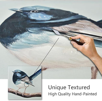 JolyWell Hand-Painted Bathroom Bird Decor Wall Art, Sparrow canvas Wall Picture,3D Effect Nature Poster painting Bluebird Artwork on Canvas for Kids Room Living Room Bedroom or Gift 12x12 in