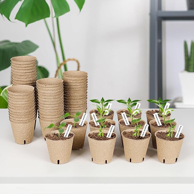 120 Packs 3.15 Inch Peat Pots,Biodegradable Pots for Seedlings with Drainage Holes, Garden Germination Nursery Pots with 100Pcs Plant Labels