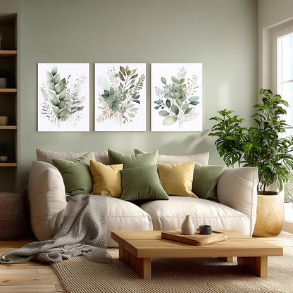 LLEEMPI Framed Sage Green Wall Art Set of 3, Modern Watercolor Botanical Wall Decor, Eucalyptus Leaf Canvas Painting, Classic Minimalist Florals Poster Print for Bedroom Bathroom Office 12x16 Inch