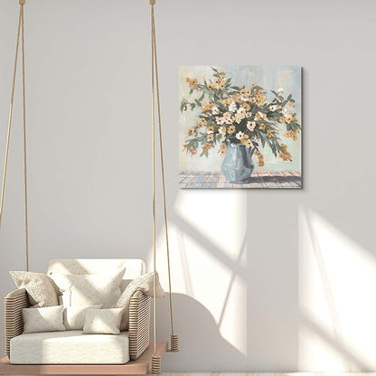 ArtSquare Bedroom Flower Canvas Wall Art - Yellow Floral in Vase Artwork Blossom Botanical Picture for Living Room 24x24 Inch