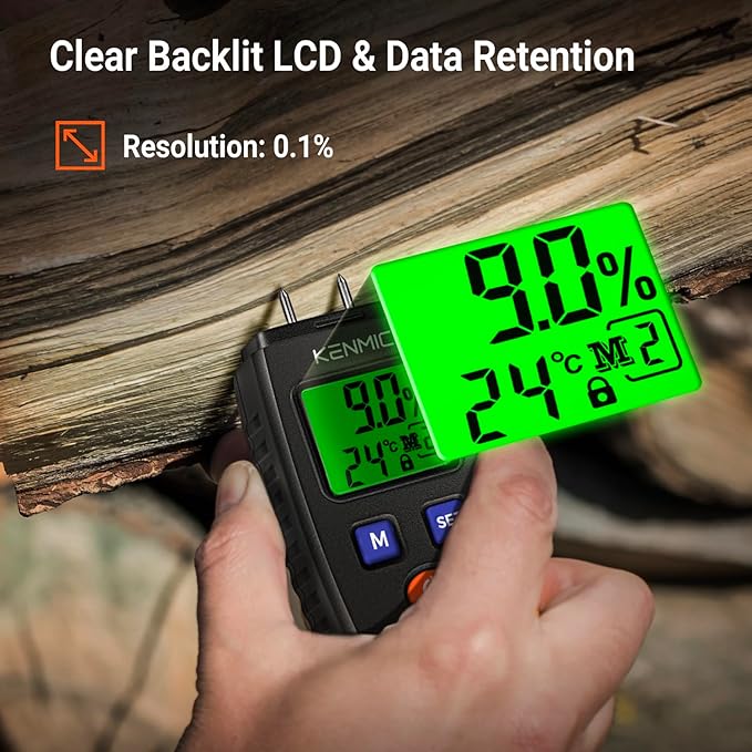 Moisture Meter for Wood, Pin-Type Moisture Detector with LCD Backlit Display, 7 Material Modes, Digital Moisture Tester for Walls, Wood, Firewood, Lumber, Bricks, Floor and More