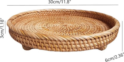 i-lan 12.5 Inch Round Rattan Serving Basket-Round Woven Bread, Fruit, Keys Bowl Pedestal Stand with 1”Side, Flat Wicker Decorative Snack Basket Trays for Candy Dish, Rustic Platter, Display Riser