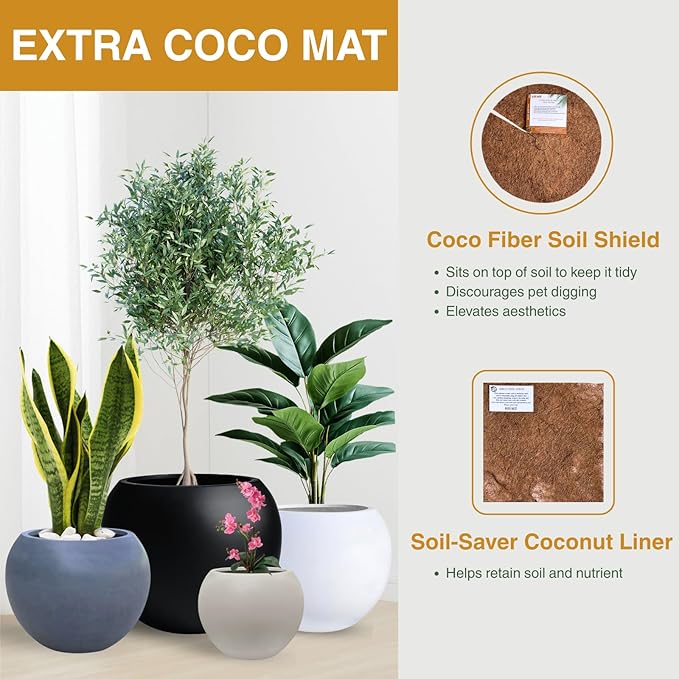 12.8" H x 16" D Globo Fiberstone Round Planter with Drainage Hole, Smooth Finishes, Weather Resistant for Indoor and Outdoor Use, Included 2 Extra Coco Mats (Taupe, 10.7" Pot Opening)