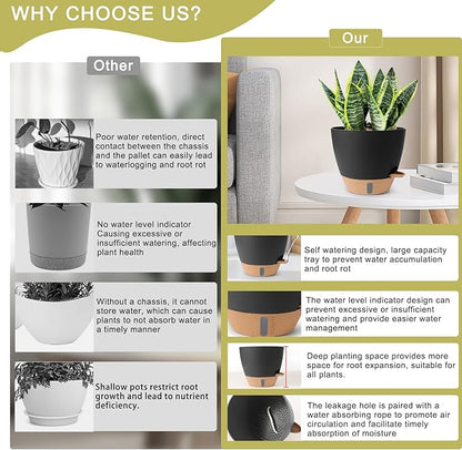 Plant Pots,12/10/9/8/ Inch Large Plastic Self Watering Flower Pots Indoor Outdoor with Drainage Holes, Deep Reservoir,Nursery Planting Pot for Indoor Out Door Plants Black
