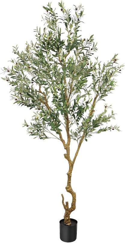 Artificial Fake Olive Tree 8FT Tall 1Pack Faux Silk Olive Tree for Home Living Room Office Decor Faux Artificial Plants Indoor Fake Potted Plants with Fruit & Free Moss
