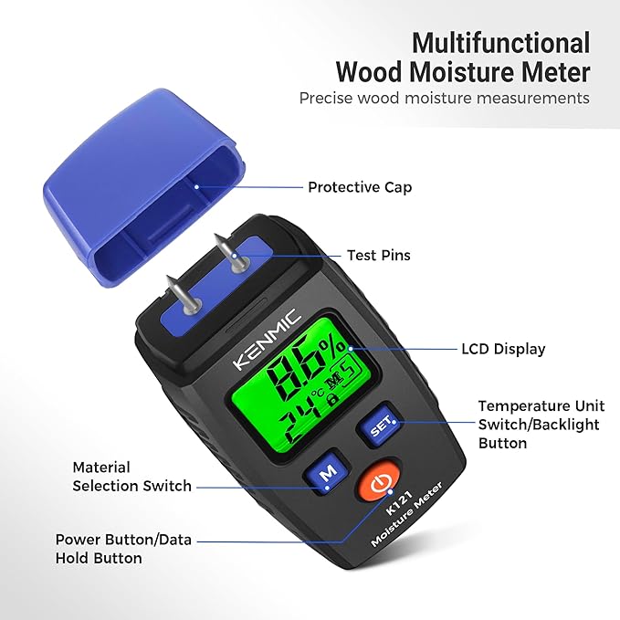 Moisture Meter for Wood, Pin-Type Moisture Detector with LCD Backlit Display, 7 Material Modes, Digital Moisture Tester for Walls, Wood, Firewood, Lumber, Bricks, Floor and More