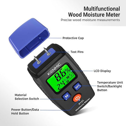 Moisture Meter for Wood, Pin-Type Moisture Detector with LCD Backlit Display, 7 Material Modes, Digital Moisture Tester for Walls, Wood, Firewood, Lumber, Bricks, Floor and More