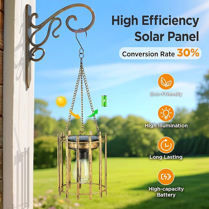 KOOPER Solar Lanterns Outdoor Waterproof, 2 Pack Bronze Upgraded Bright Hanging Solar Lights Outdoor Lantern Decorative, Auto ON/Off Metal Hanging Lanterns for Pathway Yard Patio Garden Decor