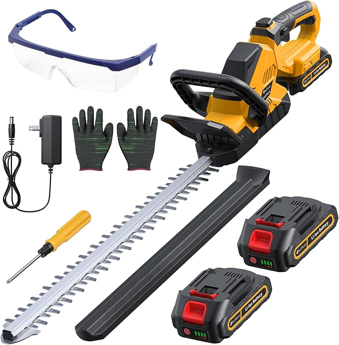 20'' Hedge Trimmer Cordless with Battery, 3000RPM Electric Handheld Bush Clipper with 2pcs 2000mAh Rechargeable Batteries, 180° Rotatable Head, 2/3'' Blade Gap Yellow