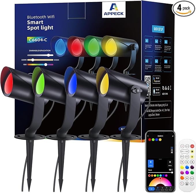 APPECK Smart Landscape Lighting, IP67 Waterproof Landscape Spotlights, 3000LM Dimmable RGBICW Pathway Lights Compatible with Alexa, Spot Lights for Christmas Outdoor Decoration, 4 Pack