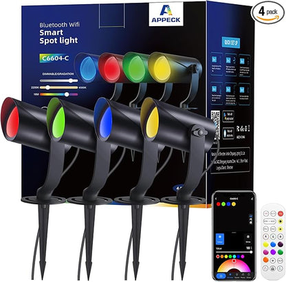 APPECK Smart Landscape Lighting, IP67 Waterproof Landscape Spotlights, 3000LM Dimmable RGBICW Pathway Lights Compatible with Alexa, Spot Lights for Christmas Outdoor Decoration, 4 Pack