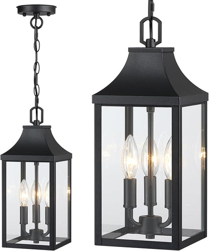 15'' Large Outdoor Pendant Light Fixtures 3-Light, Exterior Hanging Lantern Porch Light Adjustable, Black Hanging Lamp Farmhouse Exterior Chandelier Ceiling Mount for Entrance Patio