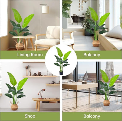 Bird of Paradise Plant Artificial 4ft, Faux Banana Leaf Tree with 9 Trunks in Pot and Woven Seagrass Belly Basket - The Perfect Silk Faux Plant for Indoor Outdoor House Living Room Decor