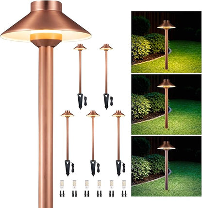 Gardenreet Low Voltage Landscape Lighting Brass, 2700K/3000K/4000K Adjustable 12v Pathway Lights Waterproof, Copper Path Light for Exterior Area Patio House with 3W 270LM G4 Bulb (6 Pack)