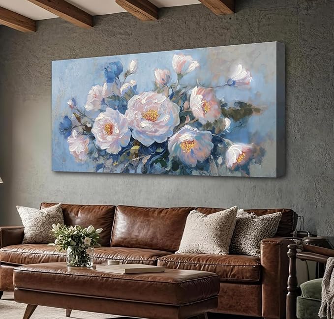 Enartly Flower Wall Art Pink Large Living Room Bedroom Wall Decor Canvas Floral Painting Bloosom Picture Textured Retro Artwork Framed for Bathroom Kitchen Spa Home Office Wall Decoration, 40"x20"