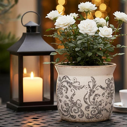 Rustic Ceramic Pots for Plants, 6.21in. Vintage Crackle Glazed Planters for Indoor & Outdoor Plants with Drainage Hole, Unique Planting Pots for Gardening, Tuscan Decor Plant Pots Indoor, Scroll Gray