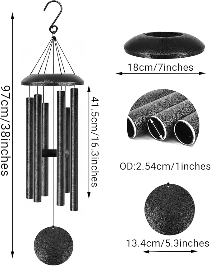 Wind Chimes for Outside Deep Tone, 38" Large WindChimes with 6 Tubes, 100% Rustproof Aluminum, Memorial Gift or Garden Patio Porch and Outdoor Décor(Silver)