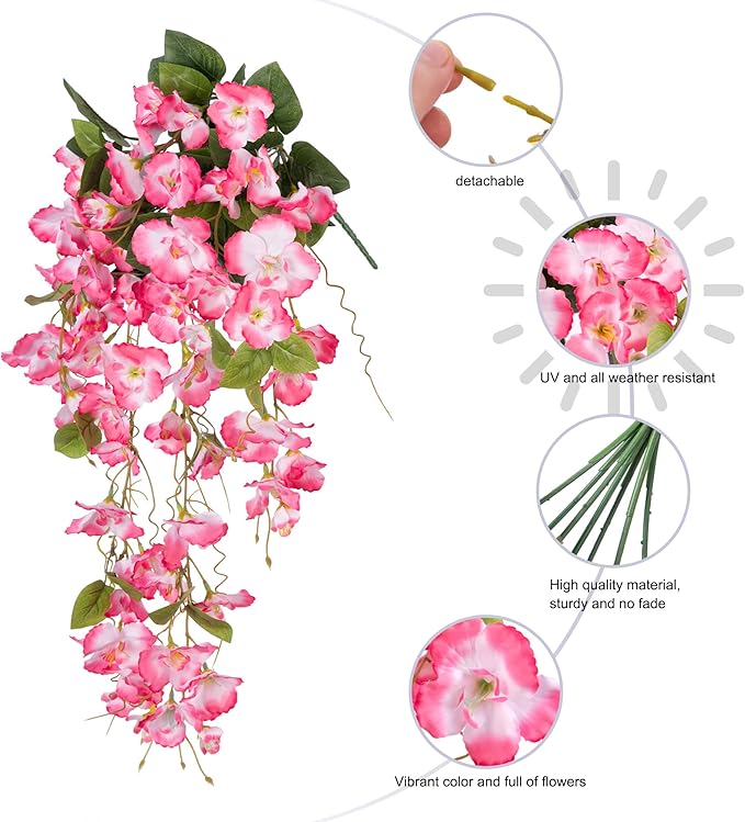 Fake Hibiscus Artificial Hanging Flowers Plants for Outdoors Spring Decoration, 2pcs Silk Hibiscus Vines Realistic UV Resistant Pink Faux Flowers for Outside Planter Porch Patio Yard Wedding Party Urn