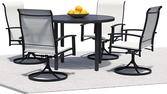 5 Piece Outdoor Dining Set, 42" Black Round Outdoor Dining Table with 4 Oyster Beige Swivel Patio Table and Chair Set of 4 for Lawn, Garden, or Porch