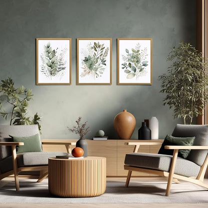 LLEEMPI Sage Green Wall Art Set of 3, Modern Watercolor Botanical Wall Decor, Eucalyptus Leaf Canvas Painting, Classic Minimalist Florals Poster Print for Bedroom Bathroom Office Wood Framed 16x24 Inch