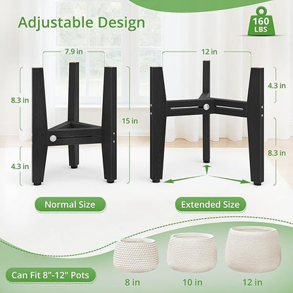 LUE BONA HDPS Plant Stand Indoor Outdoor, Adjustable Mid Century Modern Stand for Plants 8-12 Inch Pots, Black