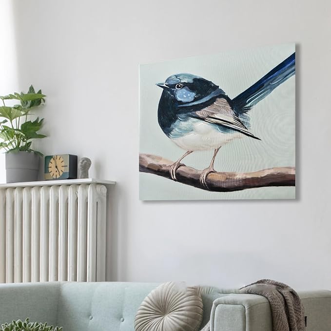 JolyWell Hand-Painted Bathroom Bird Decor Wall Art, Sparrow canvas Wall Picture,3D Effect Nature Poster painting Bluebird Artwork on Canvas for Kids Room Living Room Bedroom or Gift 12x12 in