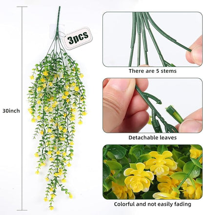 RECUTMS Outdoor Fake Hanging Plants,Hanging Plant Vine,Faux Eucalyptus Leafs Greenery Vine Plant Faux Plants Fake Plants Greenery for Jungle Theme Party Wedding Decoration(Yellow)
