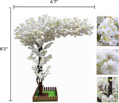 Artificial Cherry Blossom Tree 8.2Ft, White Silk Flowers with Solid Wood Trunk for Home & Garden Decor