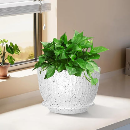 Plant Pots, Flower Pots with Multi Mesh Drainage Holes and Saucer, Large Planters for Indoor Outdoor Garden Plants and Flowers (Speckled White, 12"+10"+9")