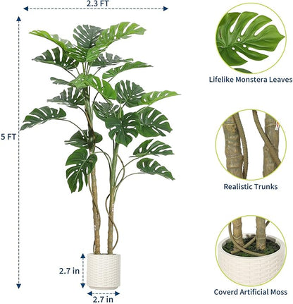5FT Artificial Monstera Plant - Realistic Fake Tropical Palm Tree for Home Decor - Large Faux Monstera Deliciosa with Bendable Stems & Ceramic Pot - Indoor Outdoor UV Resistant